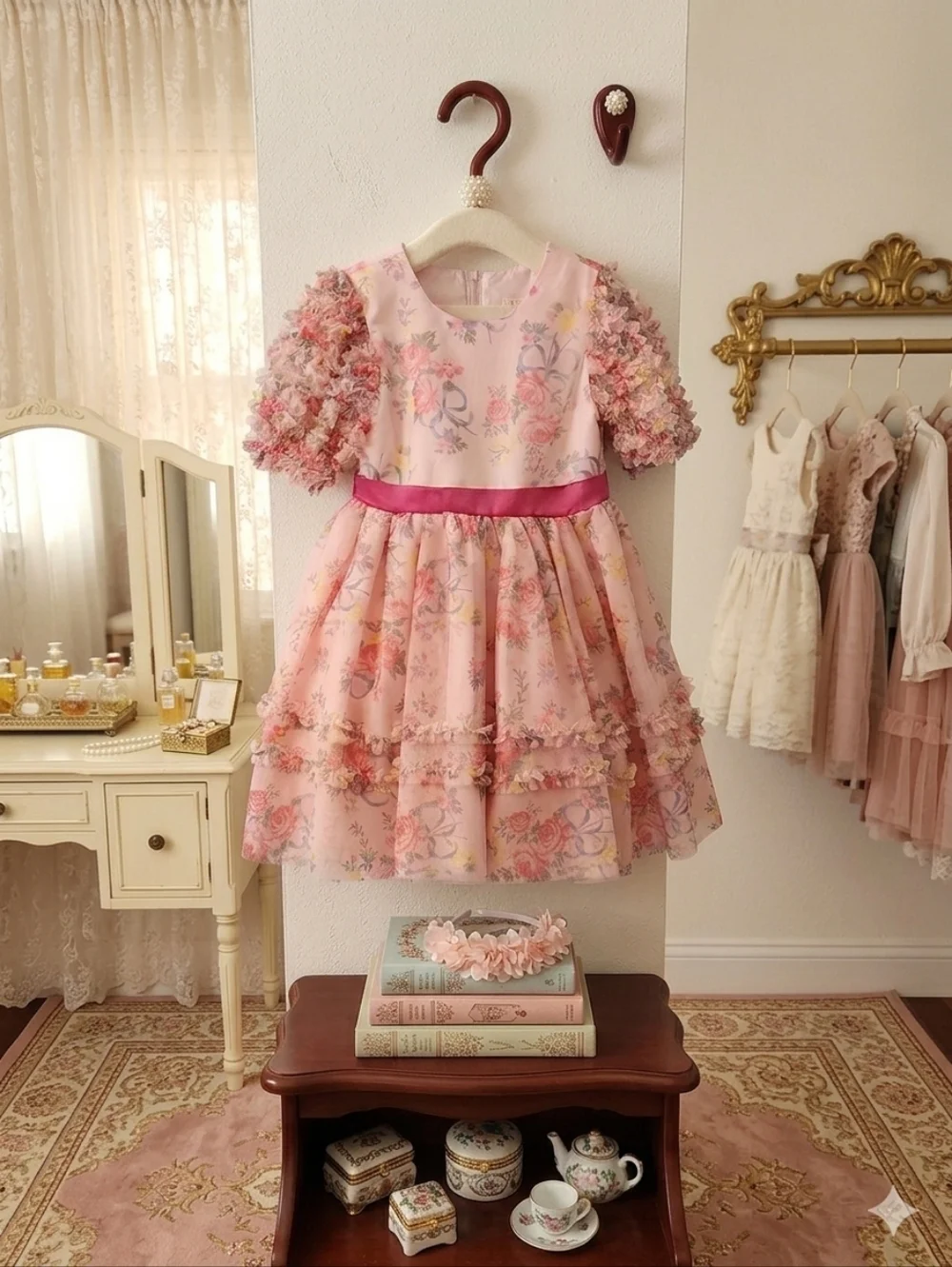 Biscotti Pink Floral Ruffle Party Dress w/ Headband, Size 7, NWT